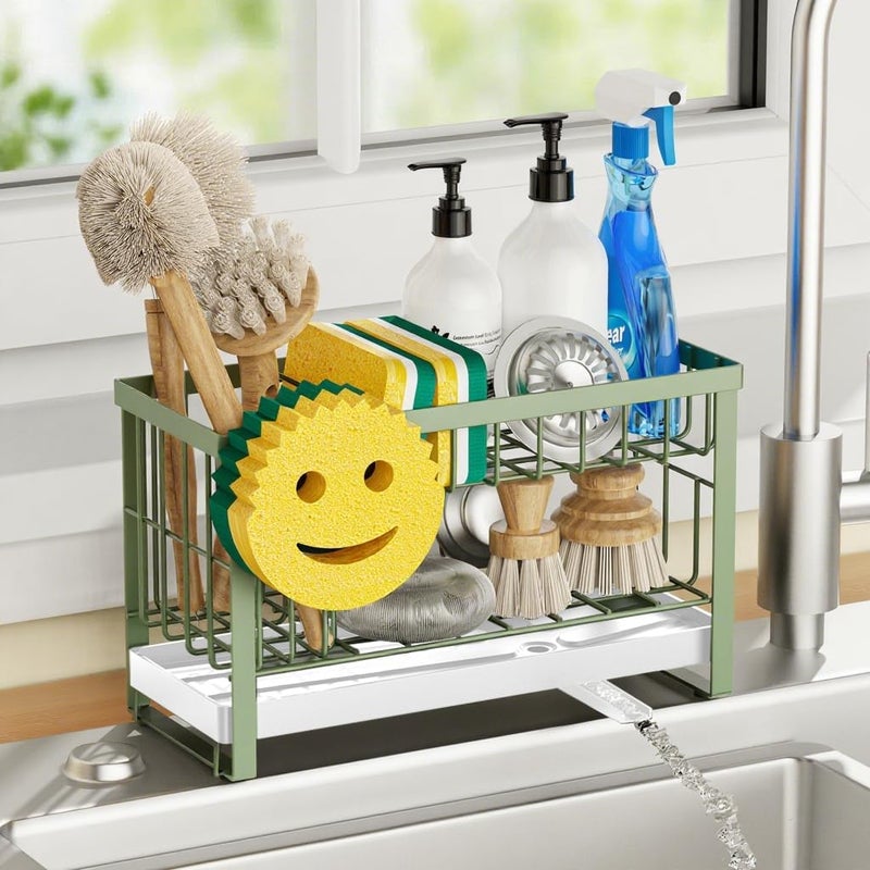Taugast Sponge Holder for Kitchen Sink with Flexible Sponge Holder Smiley Face,2 Tier Kitchen Sink Organizer Countertop and Storage Essentials,Soap Dispenser Organize,Home Decor Accessories-Green - Image 1